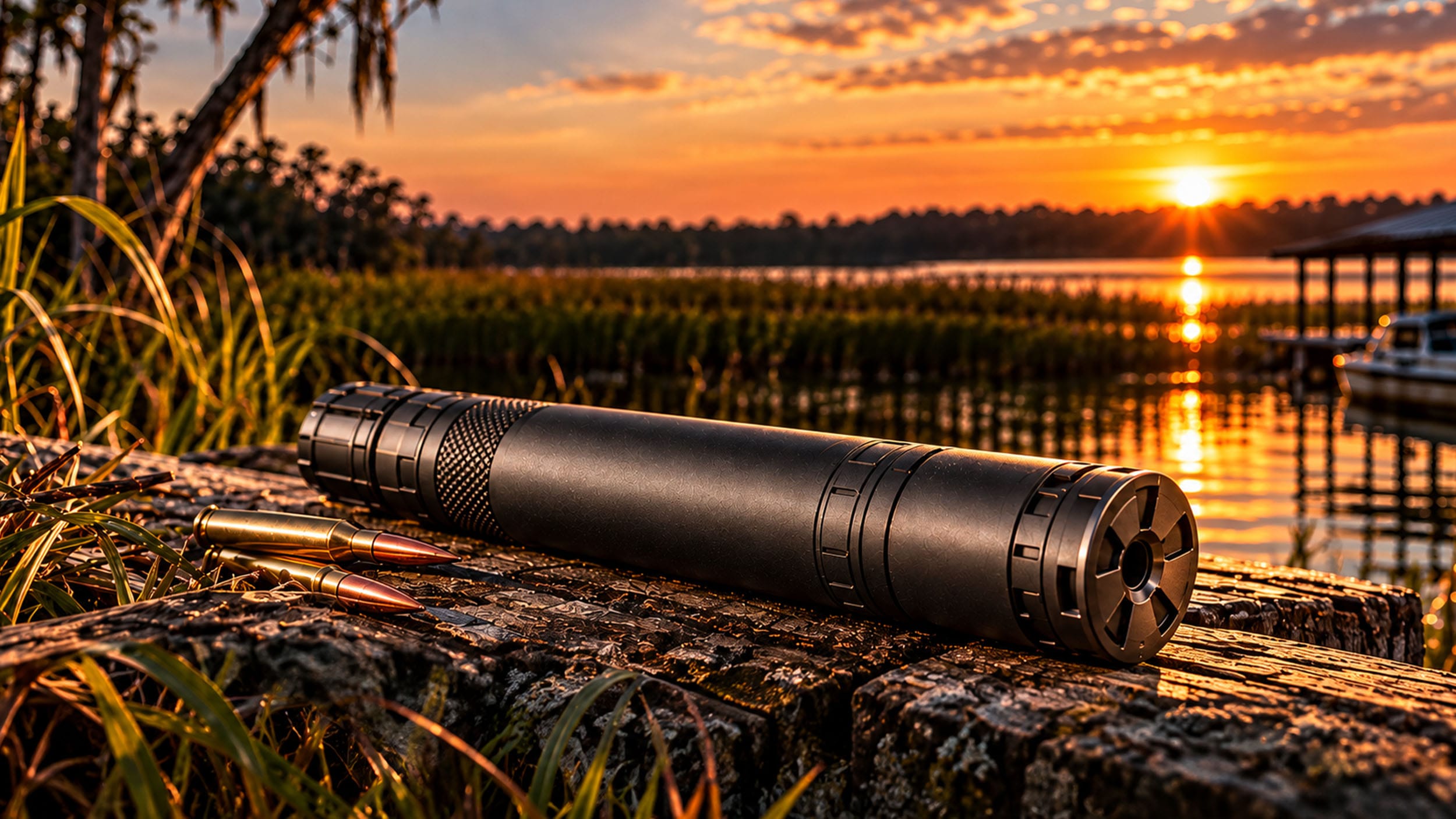 A firearm suppressor and two cartridges resting on a wooden dock at sunset.